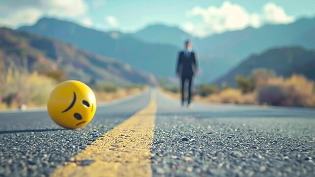 A lonely yellow emoji face expressing profound sadness rests on an empty, desolate road as a blurry figure walks away into the distant, uncertain future, symbolizing emotional struggle and abandonment