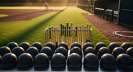 Rows of black baseball helmets and wooden bats on a baseball field sports