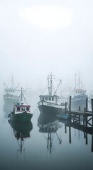 Fototapeta premium Fishing boats docked in a foggy harbor with calm water and reflections
