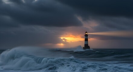 Fototapeta premium Towering lighthouse with glowing beam cuts through stormy sea waves at sunset