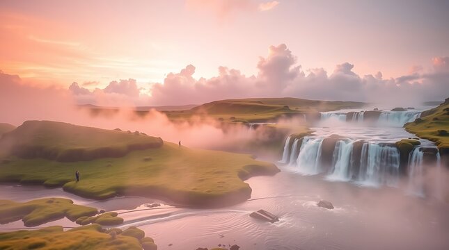 Waterfall landscape with fog and pink sky at sunset