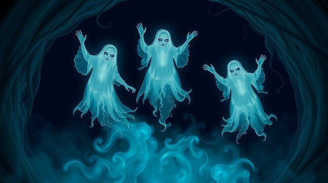 Three ghostly figures floating in a dark space