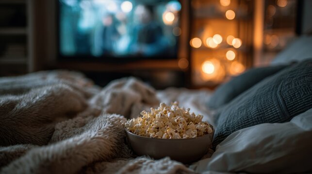 A bowl of popcorn is on a bed with a television in the background. Scene is cozy and relaxing, as it is a comfortable setting for watching a movie or TV show