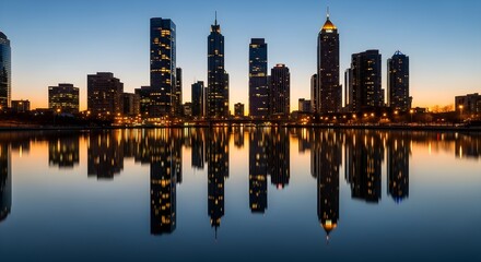 Illuminated city skyline with tall modern buildings and water reflections at dusk