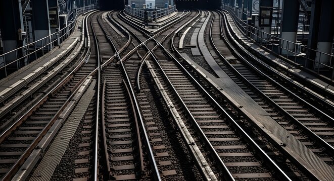 Multiple train tracks converging and diverging at a railway junction railroad
