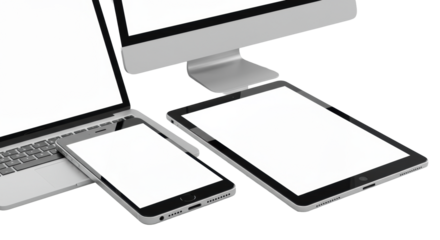 Sleek electronic devices with blank white screens, luxurious textures, isolated on transparent. Low-angle macro shot, concept of advanced technology and sophisticated craftsmanship