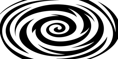 Black and white hypnotic spiral background. Radial optical illusion art. Swirl tunnel wallpaper. Spinning concentric circles. Vortex or whirlpool design for poster, banner, flyer, booklet. Vector