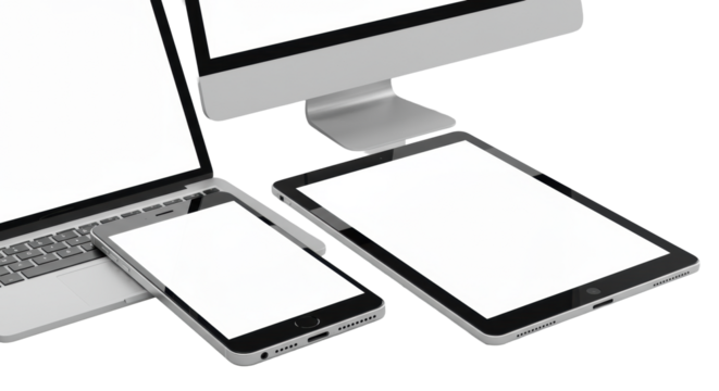 Sleek electronic devices with blank white screens, luxurious textures, isolated on transparent. Low-angle macro shot, concept of advanced technology and sophisticated craftsmanship