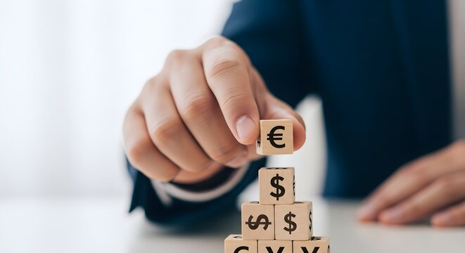  Hand Placing Euro Symbol Block on Dollar Sign Pyramid Currency Exchange Financial Concept