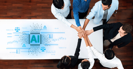 Diverse team members collaborate in a modern office, discussing artificial intelligence integration and its ethical implications in business and law. Trope