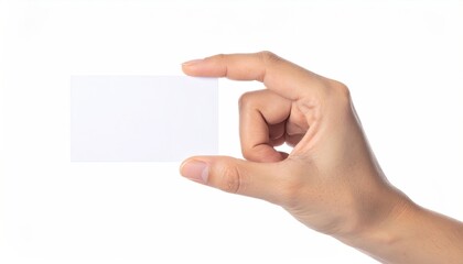 Obraz premium Hand Holding Blank White Card Isolated on White Background For Mockup Presentation Advertising Message Under Bright Studio Lighting