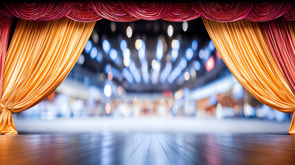 A vibrant stage curtain with golden and orange hues, creating an inviting ambiance for performances and artistic expressions.