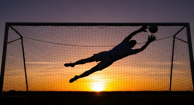 Silhouette of a soccer goalkeeper diving to catch a ball against a sunset - Powered by Adobe