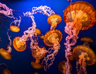 Group of orange jellyfish float in deep blue seawater