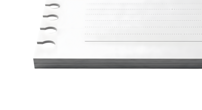Blank white paper pad with punched holes, textured lines, clean