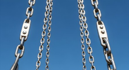 Low angle footage of two strong metal chains hanging against a clear blue sky