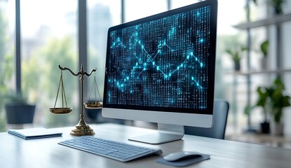 Computer screen displays binary code and graph next to brass scales of justice data