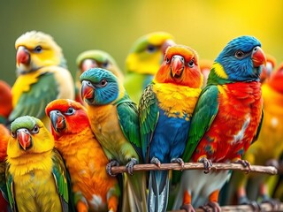 Naklejka premium A cheerful flock of diverse, multi-colored birds perched together, their happy chirps blending in perfect, harmonious song, joyful, diverse