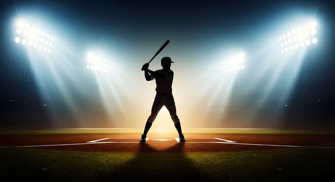 Silhouette of a baseball batter at home plate under stadium lights night - Powered by Adobe