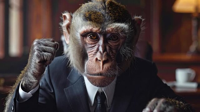 Portrait of an intelligent primate in a formal suit portraying a successful and determined businessman in a corporate jungle environment
