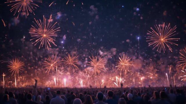Abstract sparkling fireworks background. Christmas Eve, 4th of July holiday. The night sky is filled with patterns, celebrating the festive occasion with vibrant, vibrant colors. 4k video