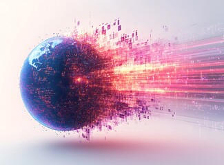 Digital Earth dissolving into glowing data streams and abstract shapes globe technology