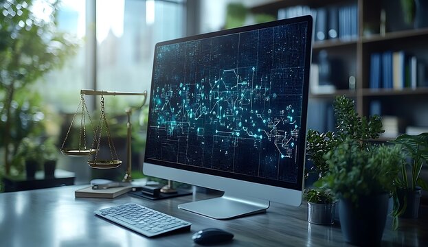 Desktop computer displaying digital network with scales of justice and plants screen