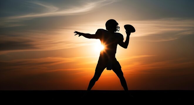 Silhouette of a quarterback throwing a football against a dramatic sunset sky - Powered by Adobe