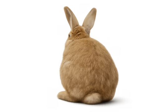 Brown fluffy cottontail rabbit sitting, showing its back and signature white tail on transparent background