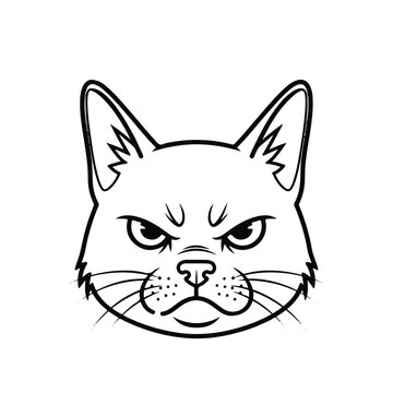 Monochrome line art of an angry cat head, depicting a displeased and upset feline with an intense, furrowed brow expression, perfect for conveying a grumpy or moody vibe