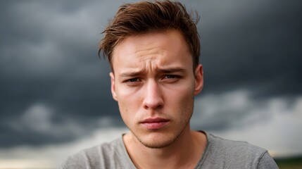 Fototapeta premium A young man s pensive face under a dramatic stormy sky