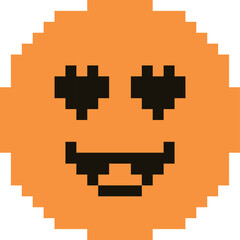 Pixelated orange smiley face with heart eyes and sunglasses representing love and coolness on a transparent background