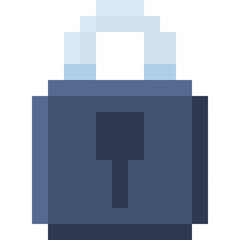 Pixelated padlock icon on a transparent background representing security and digital protection in a blue and grey color scheme