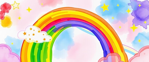 Obraz premium Vibrant watercolor rainbow swirls with playful clouds and stars on a pastel backdrop, artwork, sky