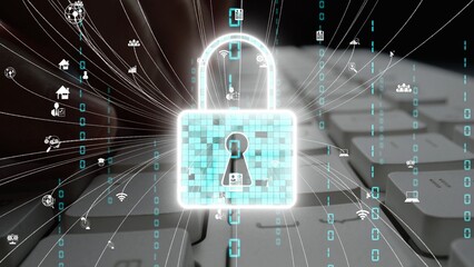 This image illustrates a digital security theme with a lock symbol over a keyboard, surrounded by data streams and various icons, emphasizing technology and privacy. Xenic