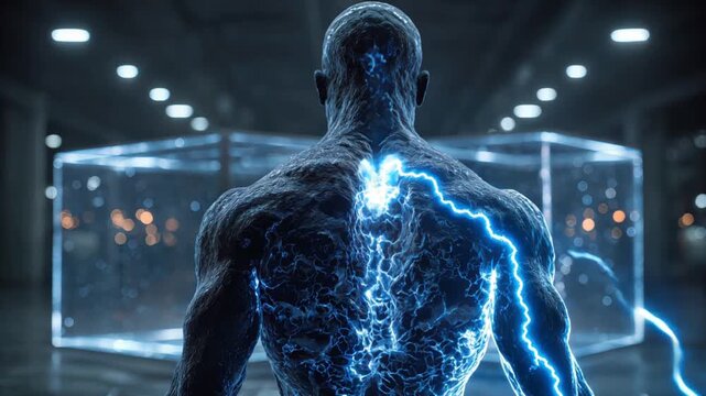 Dynamic AI generated video of a powerful figure with blue electrical energy flowing through their back in a futuristic setting, symbolizing strength and technology.