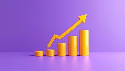 A 3D rendered graphic showcasing a yellow upward-trending arrow superimposed over a set of yellow bar graphs set against a purple background