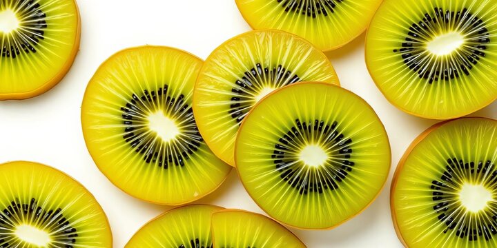 Vibrant green kiwi slices, glistening, on pristine white backdrop,  smoothie,   tart