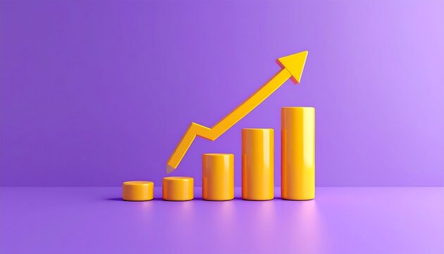 A 3D rendered graphic showcasing a yellow upward-trending arrow superimposed over a set of yellow bar graphs set against a purple background