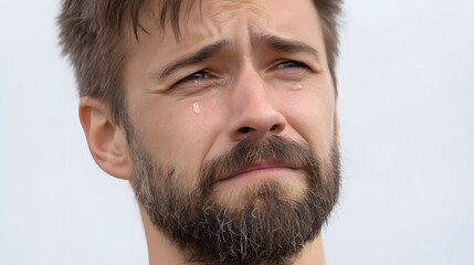 Obraz premium A close up portrait of a man crying with tears streaming down his face exhibiting a deeply pained and sorrowful expression