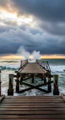 Fototapeta premium Stormy ocean waves crash onto a weathered wooden pier under dramatic cloudy skies at sunset