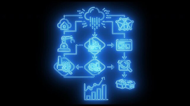 Blue neon analytics icon showing bar chart, rising graph line, statistics dots, and data measurement elements