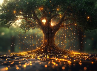 Digital Tree with Glowing Circuits and Falling Orbs in Forest technology nature