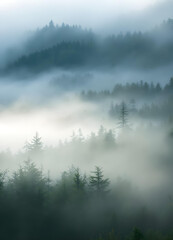 Atmospheric View of Pine Trees Shrouded in Morning Mist