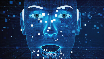Futuristic Facial Recognition: A digital rendering showcases a detailed analysis of a face, highlighting key features and algorithms used in biometric identification and security. 