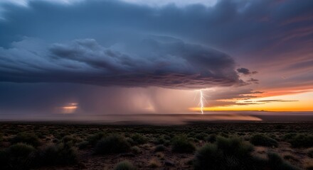 Dramatic lightning strikes during a sunset storm over a sparse desert landscape
