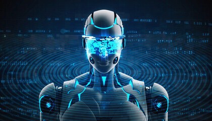 Futuristic Robot: A captivating, futuristic robot stares directly at the viewer, its advanced technology on display against a backdrop of complex digital data.