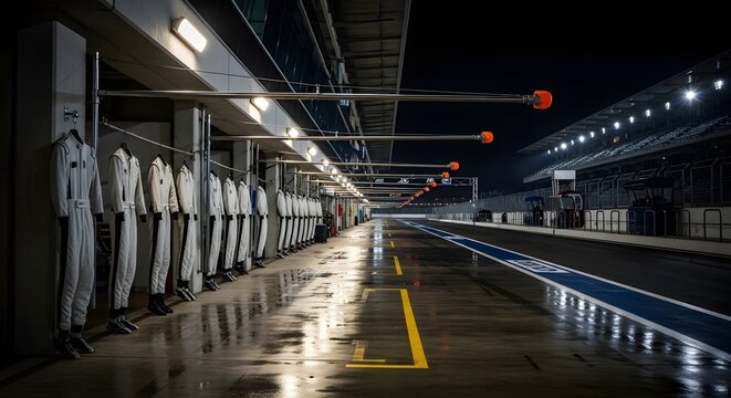 Row of white racing suits hanging at a wet pit lane on a dark race track at night