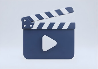 3d movie clapper board with video play icon. Film slate illustration isolated on transparent background.