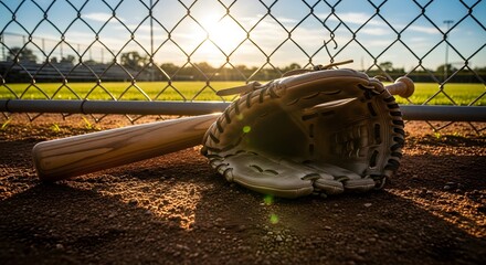 Baseball bat and glove resting on dirt infield near chain link fence at sunset